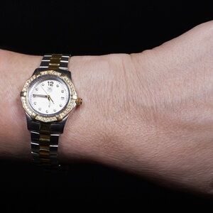 TAG HEUER AQUARACER LADIES DIAMOND BEZEL MOP DIAL  2 TONE STNL 18K QUARTZ WATCH